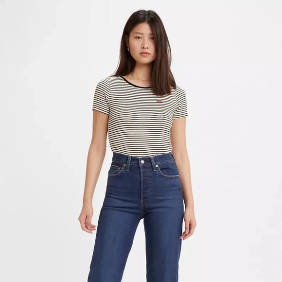 Levi’s Honey Striped Short Sleeve Baby Tee in Black/White/Yellow Size S - Picture 1 of 12